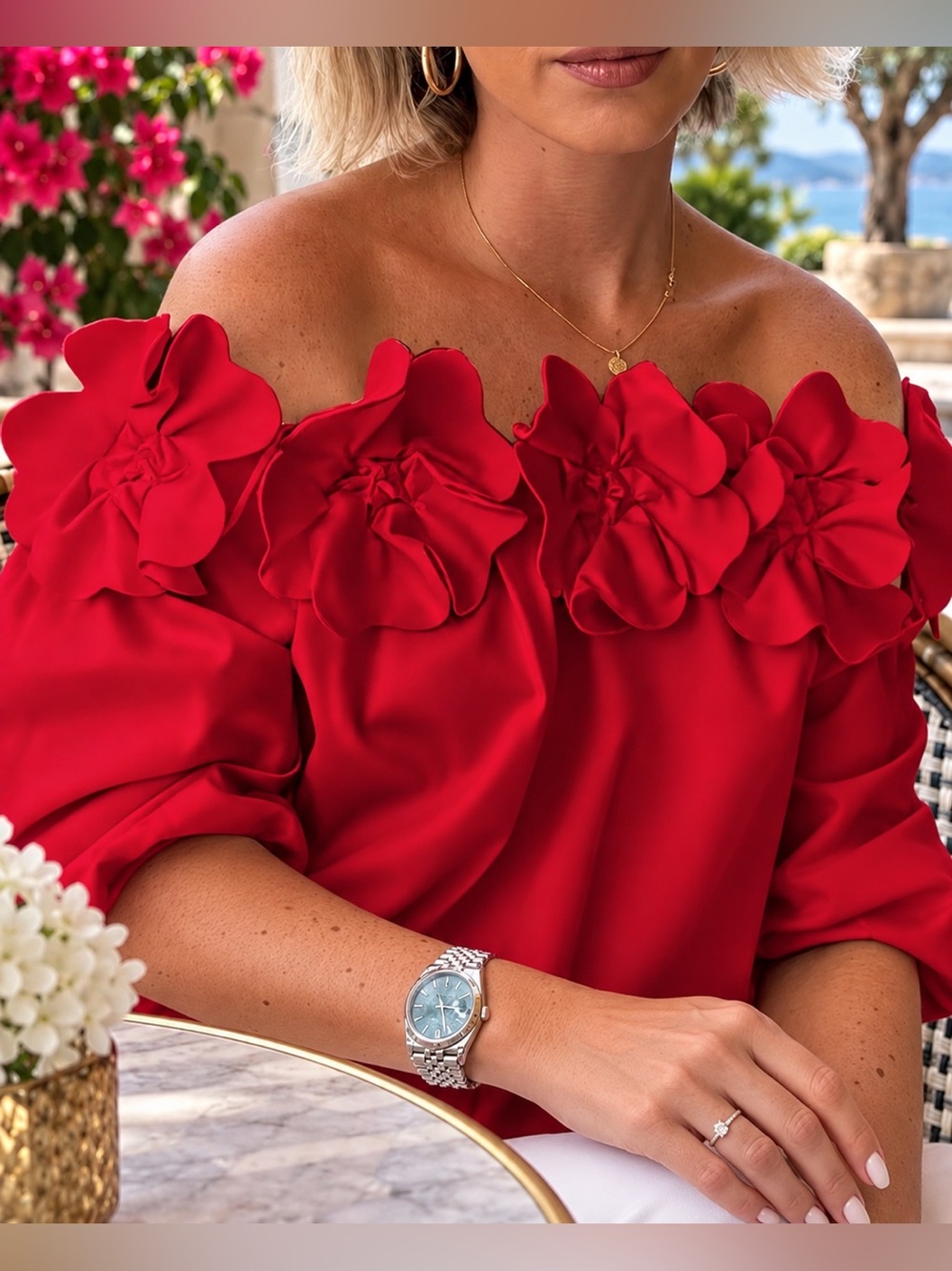 Astrid Holly Berry Red Floral Off-Shoulder Blouse - 3D Petal Detail Small NWT